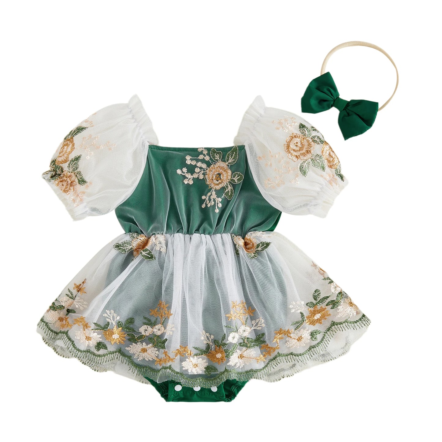 Baby Girl Summer Outfits Flower Embroidered Mesh Short Sleeve Romper Dress and Bow Headband 2 Pcs Set 0-24M