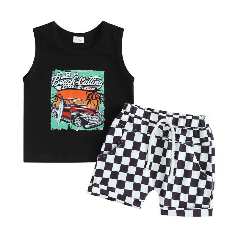 Sleeveless Tank Tops and Checkerboard Elastic Waist Shorts Set