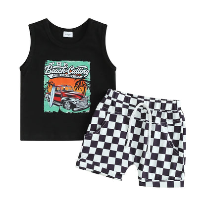 Sleeveless Tank Tops and Checkerboard Elastic Waist Shorts Set