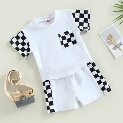 2Pcs Summer Clothes Suits Plaid Patchwork Short Sleeve Crew Neck T-Shirts and Shorts