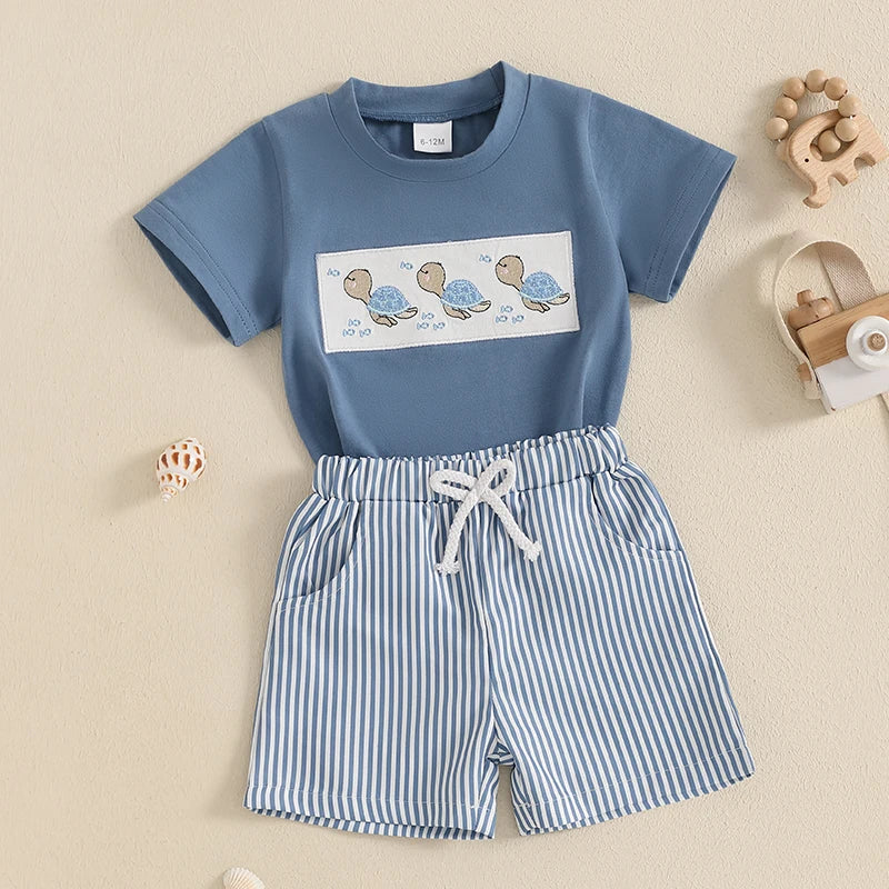 Whale/Dinosaur/Turtle Short Sleeve T-shirts  and Striped Elastic Waist Shorts