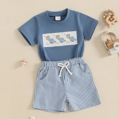 Whale/Dinosaur/Turtle Short Sleeve T-shirts  and Striped Elastic Waist Shorts
