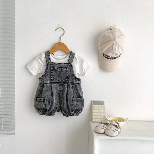 2025 Summer Outfit for Baby Boys and Girls Aged 0-3, Consisting of Denim Straps, Shorts, Two-piece Rainbow Printed T-shirt Set