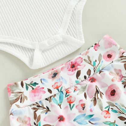 Baby Girls Shorts Set Sleeveless Romper Flower/Rainbow/ Print Shorts Hairband