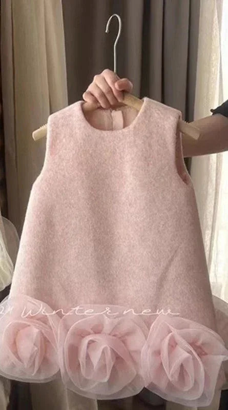 Korean Style Fashion Girls Vest Skirt 2025 Autumn Winter New Children Christmas and New Year Tweed Skirt Big Flower Dress