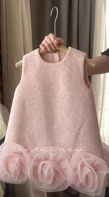 Korean Style Fashion Girls Vest Skirt 2025 Autumn Winter New Children Christmas and New Year Tweed Skirt Big Flower Dress