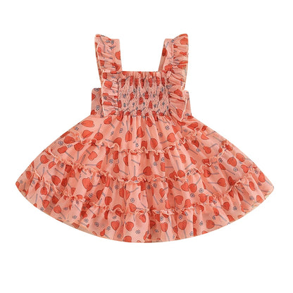 Heart Print Ruched Sleeveless Sundress Toddler Girl Casual Dress