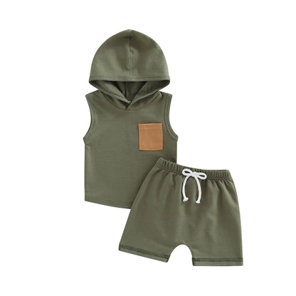 2Pcs Summer Clothing Casual Sleeveless Hooded Top + Shorts