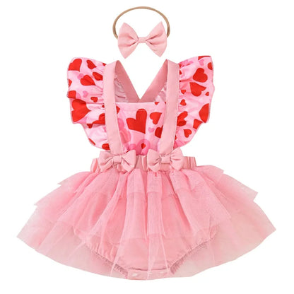 Valentine’s Day Outfits Ruffle Sleeveless Heart Print Romper Dress with Headband Set