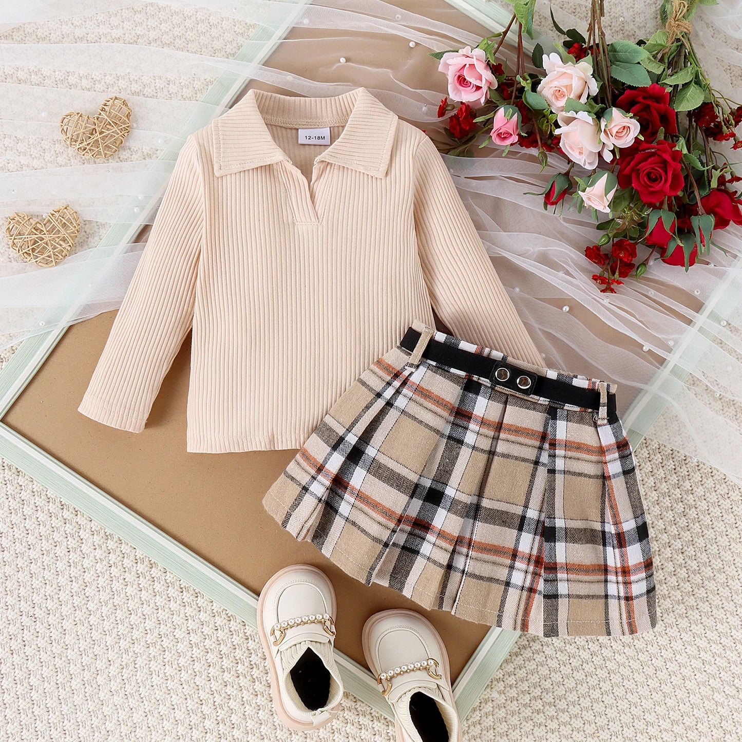 3PCS Autumn New Style 1-5 Year Old Middle And Middle School Girls Fashion College Style Solid Color Pit Top + Plaid Skirt Set