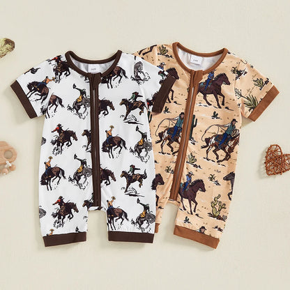 Boy Western Short Sleeve Round Neck Horse Print Jumpsuit