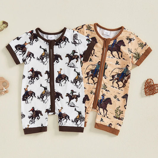Boy Western Short Sleeve Round Neck Horse Print Jumpsuit