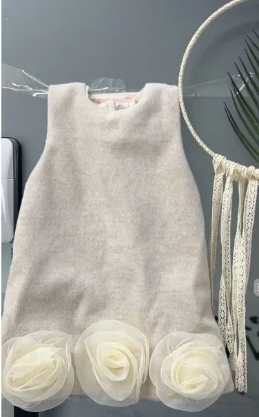Korean Style Fashion Girls Vest Skirt 2025 Autumn Winter New Children Christmas and New Year Tweed Skirt Big Flower Dress