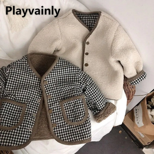 Korean Style Winter Boy Girl Reversible Clothes Beige/coffee Lambswool Plaid Single Breasted Jacket Children Warm Coat E89338