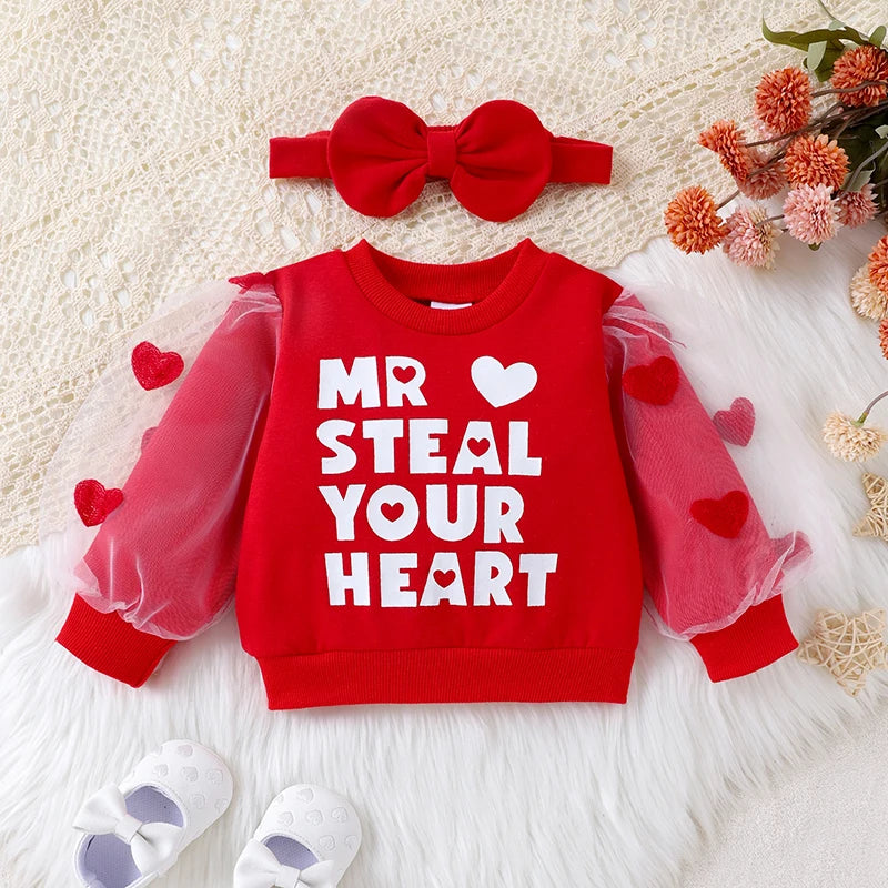 3pcs “Steal your heart”  outfit with a bow headband