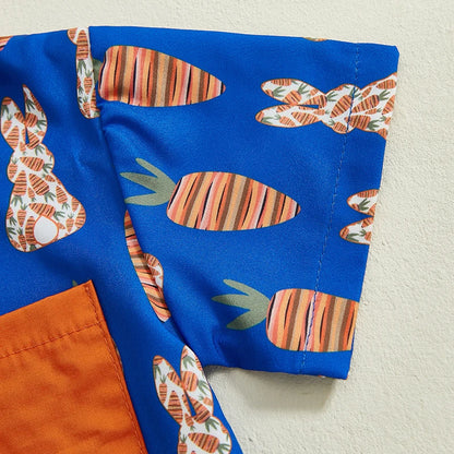 Boys Easter Outfits Bunny Carrot Pattern Collar Short Sleeve Shirt with Shorts 2 Pcs Set