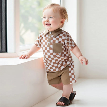 Short Sleeve Lapel Checkerboard Print Tops and Drawstring Shorts Sets