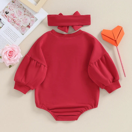 Baby Girl Sweatshirt Bubble Romper With Headband Heart