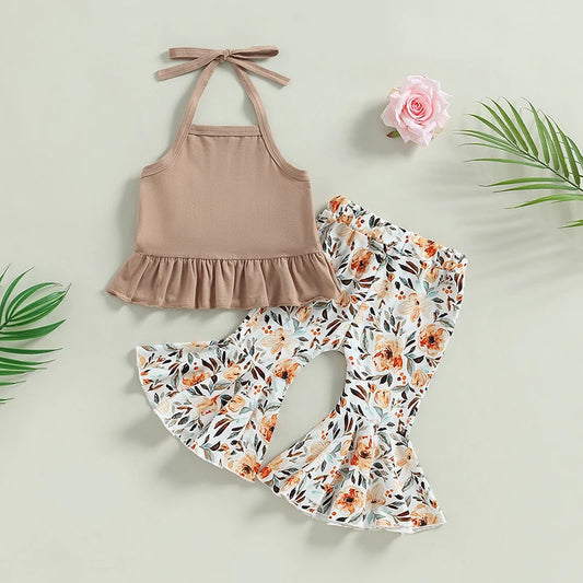 Baby Girls 2Pcs Summer Clothing Set Lacing Halterneck Vest with Flower Print Flare Pants