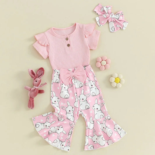 Short Sleeve T-Shirt Romper with Bunny Flare Pants Set