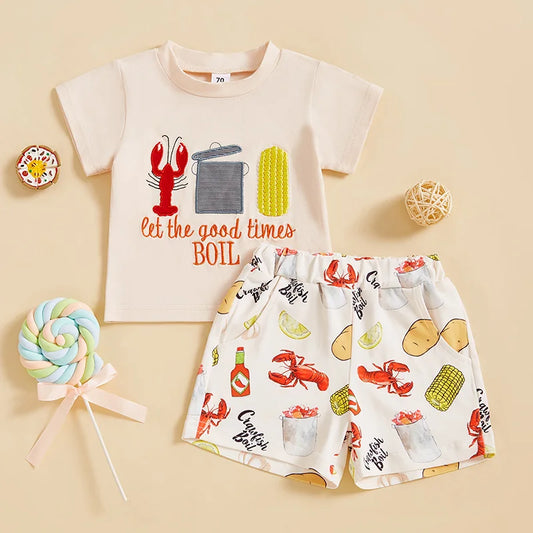 Short Sleeve  Embroidery T-shirt with Lobster Print Shorts Set