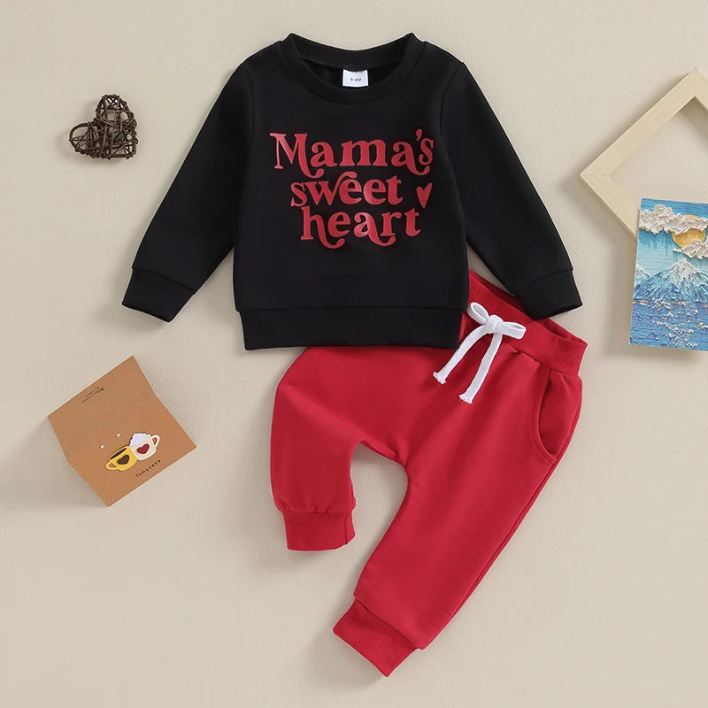 Baby 2Pcs Valentine’s Day Outfits Long Sleeve Heart Letter Print Pullover + Pants Set Toddler Clothes