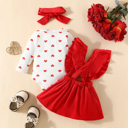 Baby Girl Valentine Day Clothes Heart Print Long Sleeve Romper with Suspender Skirt and Bow Headband