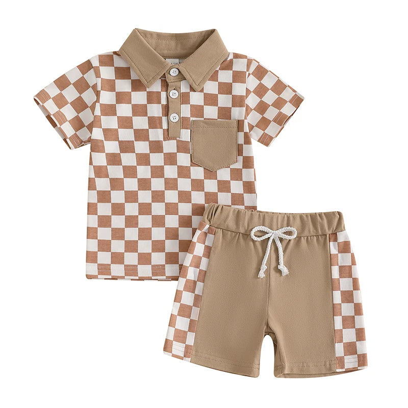 Short Sleeve Lapel Checkerboard Print Tops and Drawstring Shorts Sets