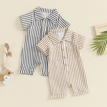 Boy Striped Romper Short Sleeve Front Single-breasted Legs Jumpsuit