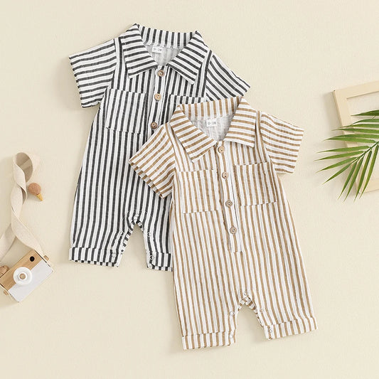 Boy Striped Romper Short Sleeve Front Single-breasted Legs Jumpsuit