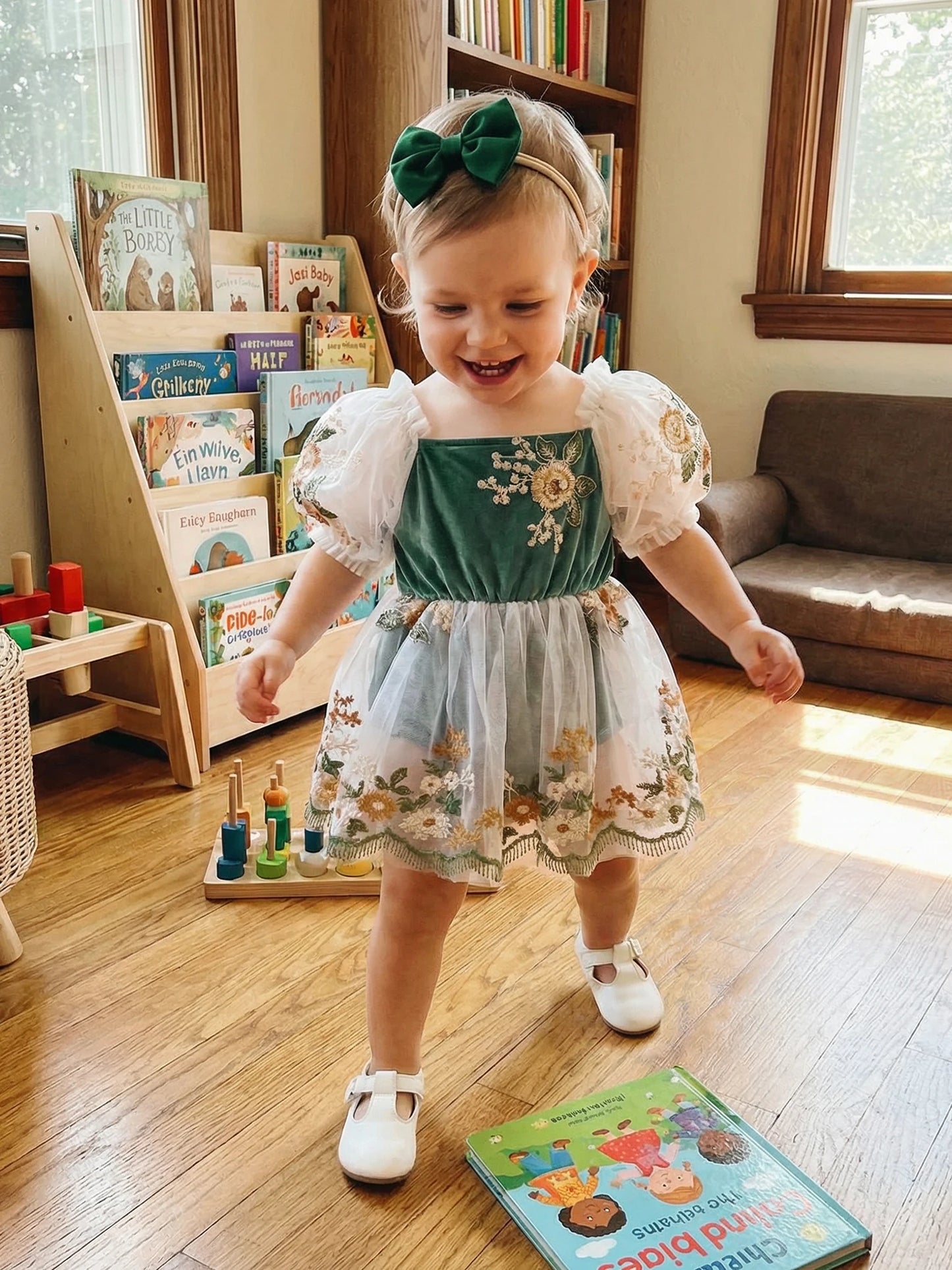 Baby Girl Summer Outfits Flower Embroidered Mesh Short Sleeve Romper Dress and Bow Headband 2 Pcs Set 0-24M