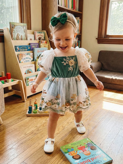 Baby Girl Summer Outfits Flower Embroidered Mesh Short Sleeve Romper Dress and Bow Headband 2 Pcs Set 0-24M