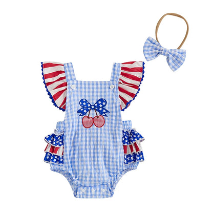 4th of July Romper Cherry Embroidery Plaid Fly Sleeves Jumpsuit and Headband Set