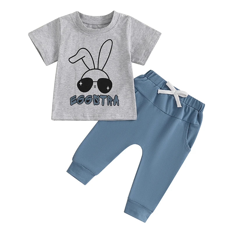 Bunny Print Short Sleeve T-Shirt and Elastic Waist Pants