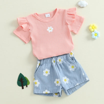 1-4Y Baby Girl Summer Outfits Ruffle Short Sleeve Floral Print Ribbed t Shirt Tops Shorts Set Toddler Baby Clothing 2Pcs