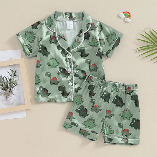 Dinosaur Print Collar Short Sleeve Shirts and Elastic Waist Shorts 2 Pieces Sleepwear