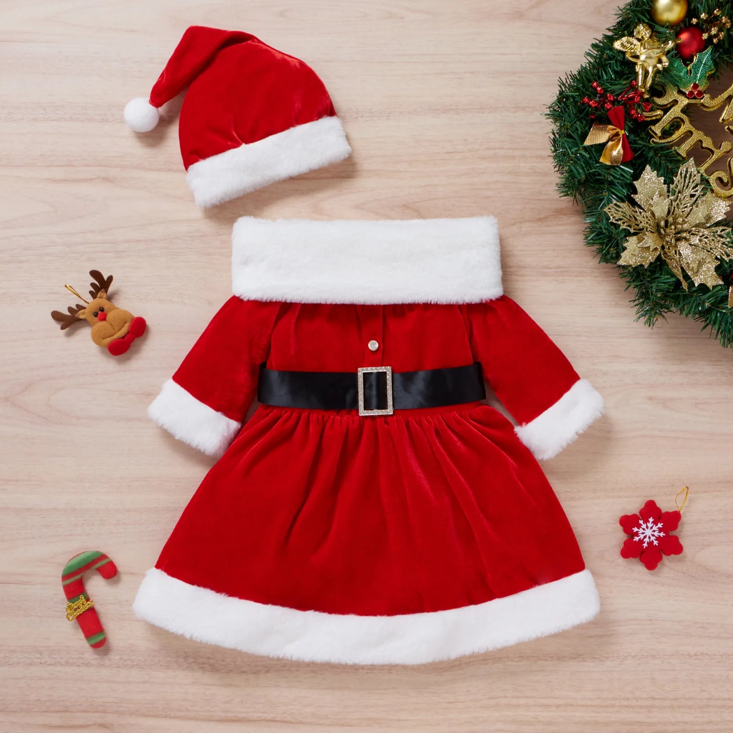 Christmas Claus Red Santa dress + Hats 2pcs Cotton Outfit