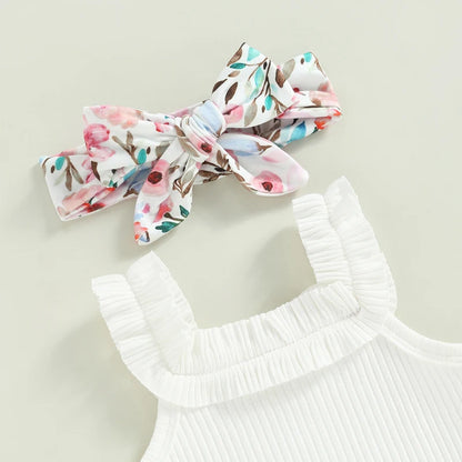 Baby Girls Shorts Set Sleeveless Romper Flower/Rainbow/ Print Shorts Hairband