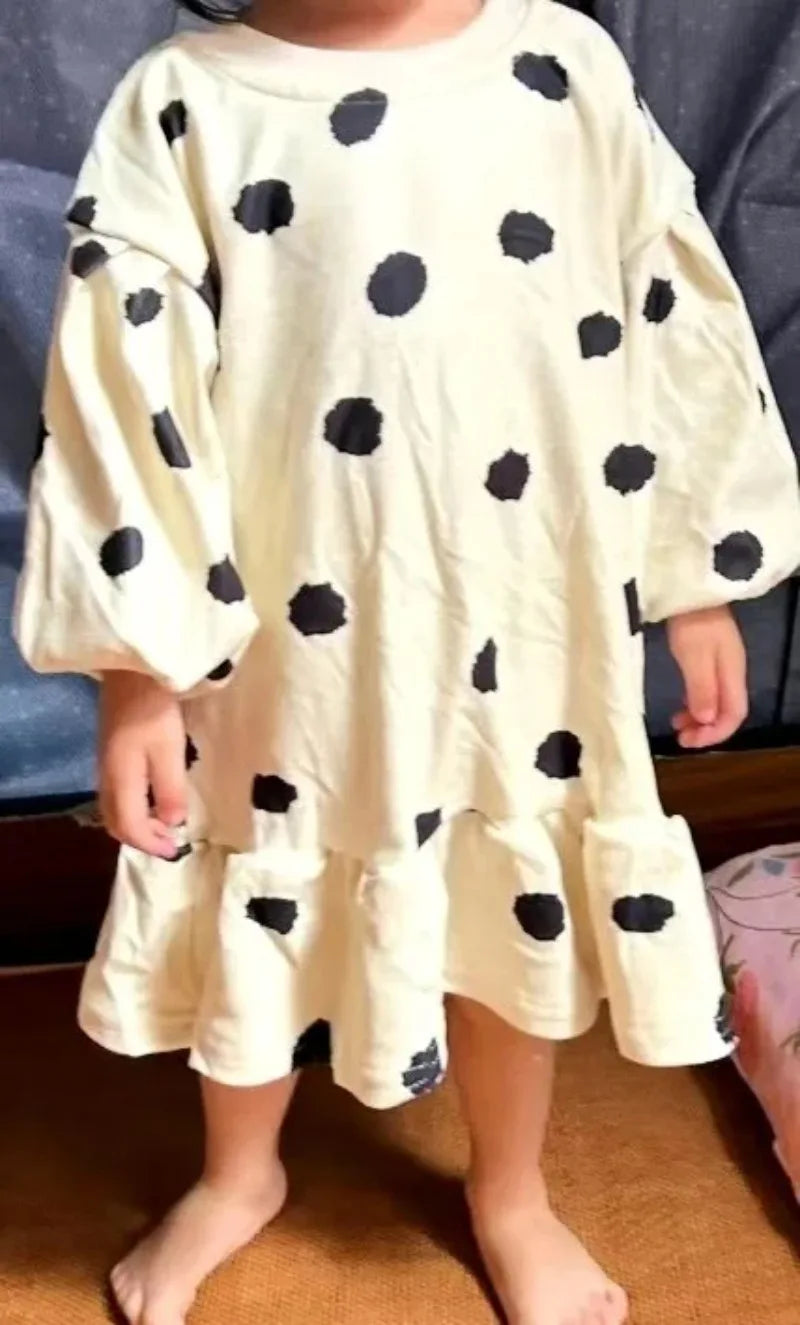 Girls Dress 2024 Autumn New Korean Girls' Splicing Pleated Dress Polka Dot Printed Baby Kids Casual Clothing