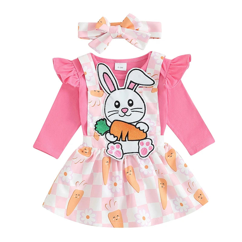 Long Sleeve Romper with Cartoon Rabbit Plaid Overall Dress