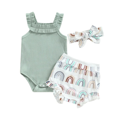 Baby Girls Shorts Set Sleeveless Romper Flower/Rainbow/ Print Shorts Hairband