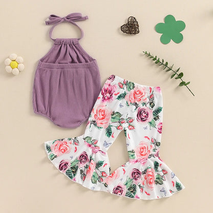 Girl Summer Outfits Tie-Up Halter Neck Sleeveless Rompers Flower Print Flared Pants 2Pcs