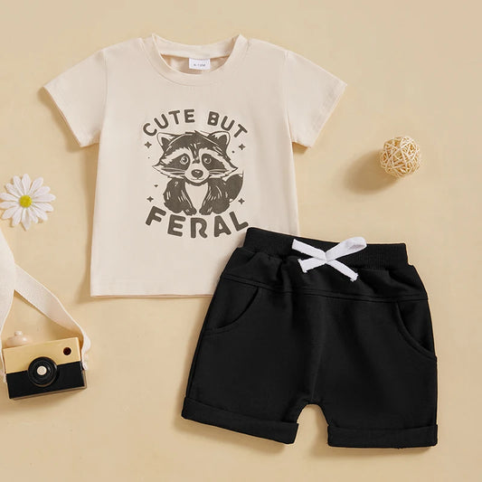 Raccoon Letter Print Short Sleeve T-Shirts and Elastic Waist Shorts Set