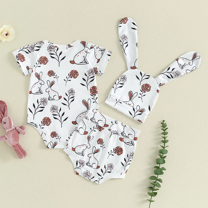 Short Sleeve Crewneck Bunny Flower Print Romper with Shorts and hat Set