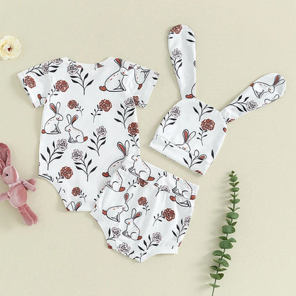 Short Sleeve Crewneck Bunny Flower Print Romper with Shorts and hat Set