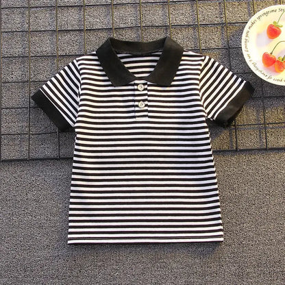 Summer Boys Sets Baby Thin Suit Children Lapel Striped Top Solid Shorts Two-Piece New Baby Fashion Casual Outfit 12M-5 Years Old