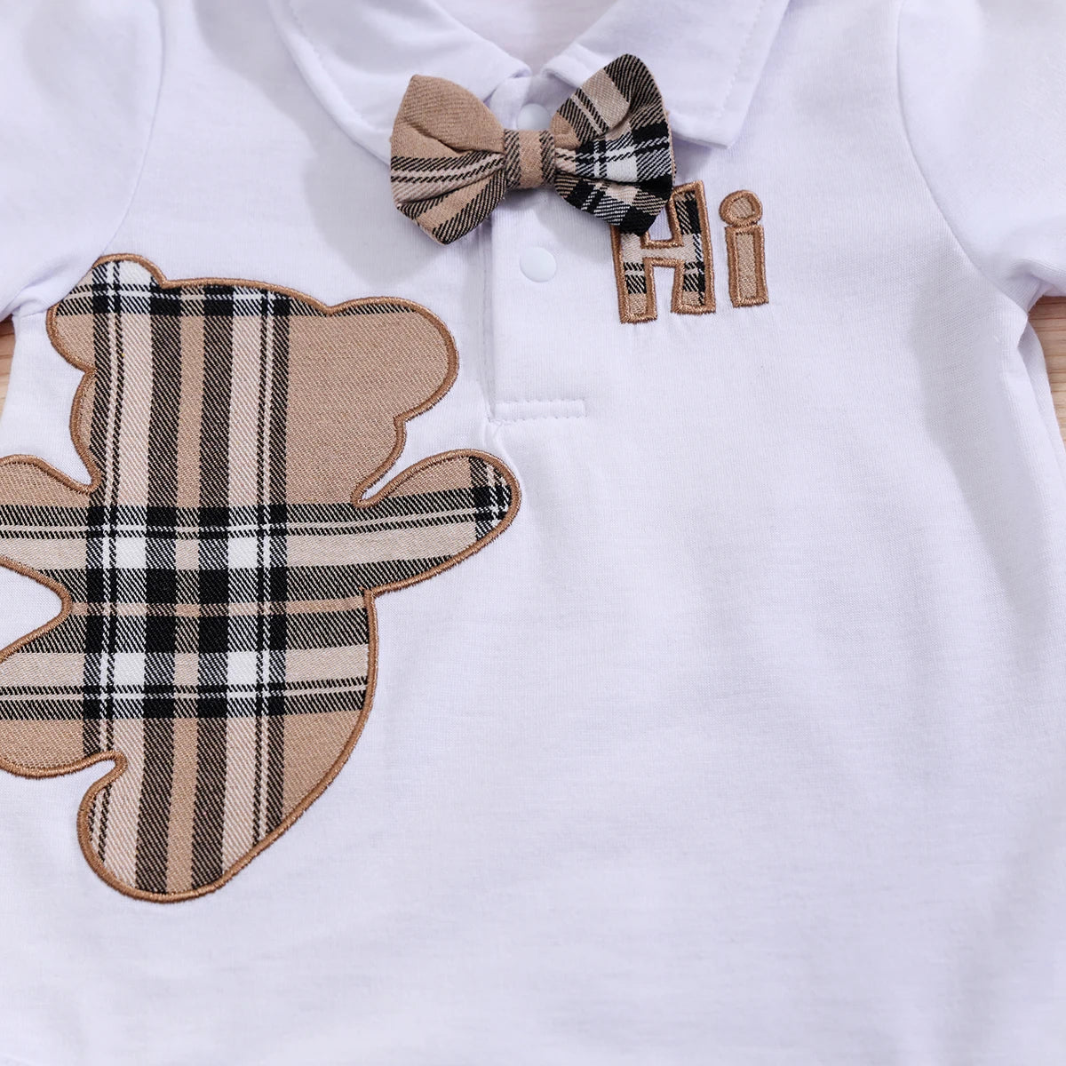 Short Sleeve Plaid Bear Bodysuit+Suspenders Trousers Set