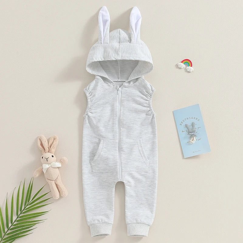 Bunny Ear Oneise  Zipper Hooded Bodysuit Jumpsuit