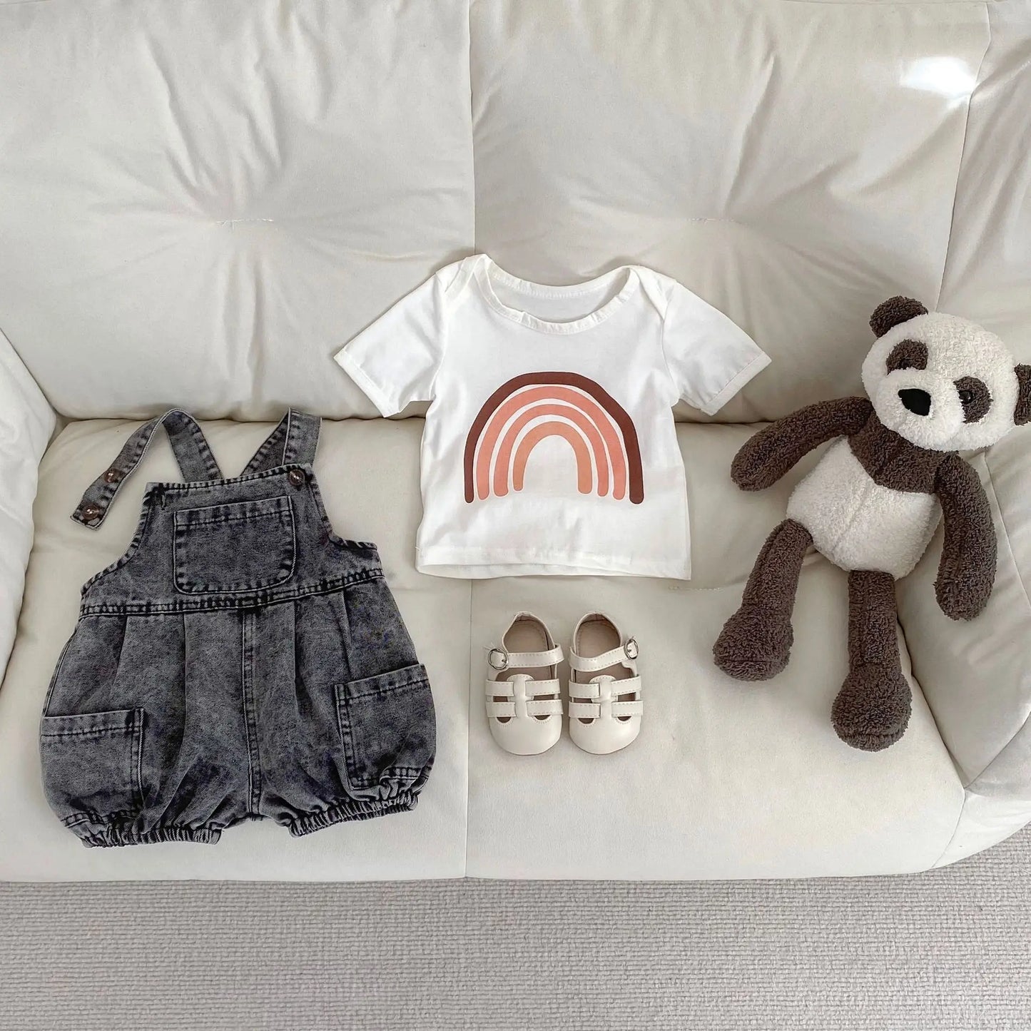2025 Summer Outfit for Baby Boys and Girls Aged 0-3, Consisting of Denim Straps, Shorts, Two-piece Rainbow Printed T-shirt Set