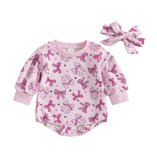 Valentine's Day Bowknot Heart Print Long Sleeve Bodysuits with Headband